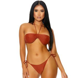Halter Bikini Top and Side Tie Thong Set - Rust